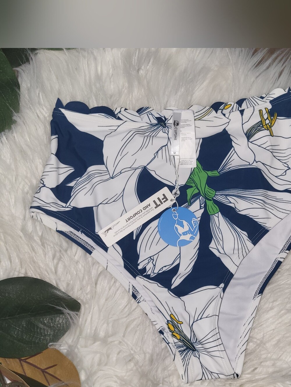 Cupshe Blue & White Floral High-Waist Bikini Bottom with Green Accents NWT